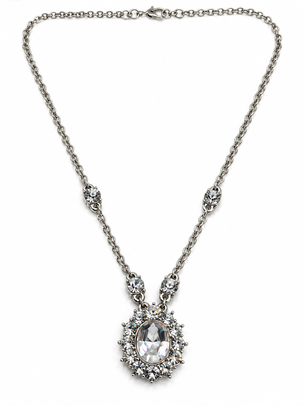 Crystal Teardrop Pendant Necklace - Silver Tone